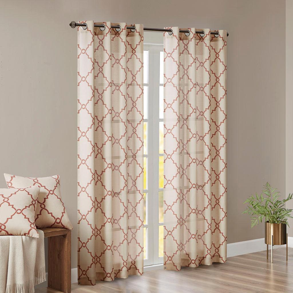 Olliix.com Curtains - Saratoga 108 H Fretwork Print Grommet Top Window Curtain Beige & Spice