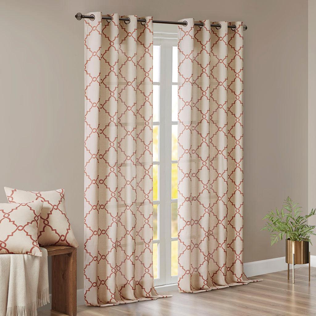 Olliix.com Curtains - Saratoga 63 H Fretwork Print Grommet Top Window Curtain Beige & Spice