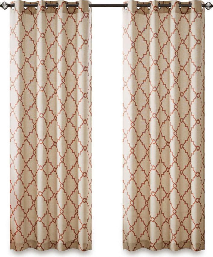 Olliix.com Curtains - Saratoga 63 H Fretwork Print Grommet Top Window Curtain Beige & Spice