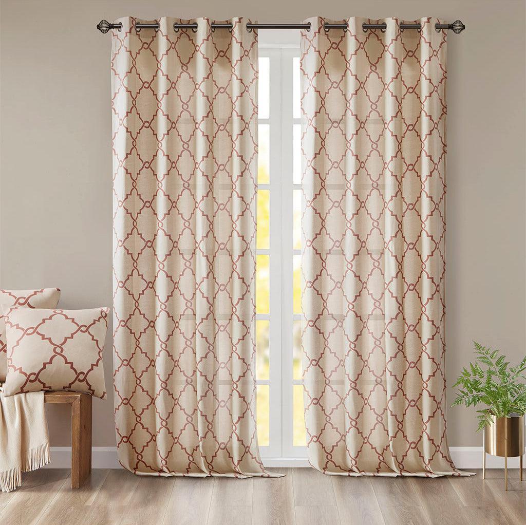 Olliix.com Curtains - Saratoga 63 H Fretwork Print Grommet Top Window Curtain Beige & Spice