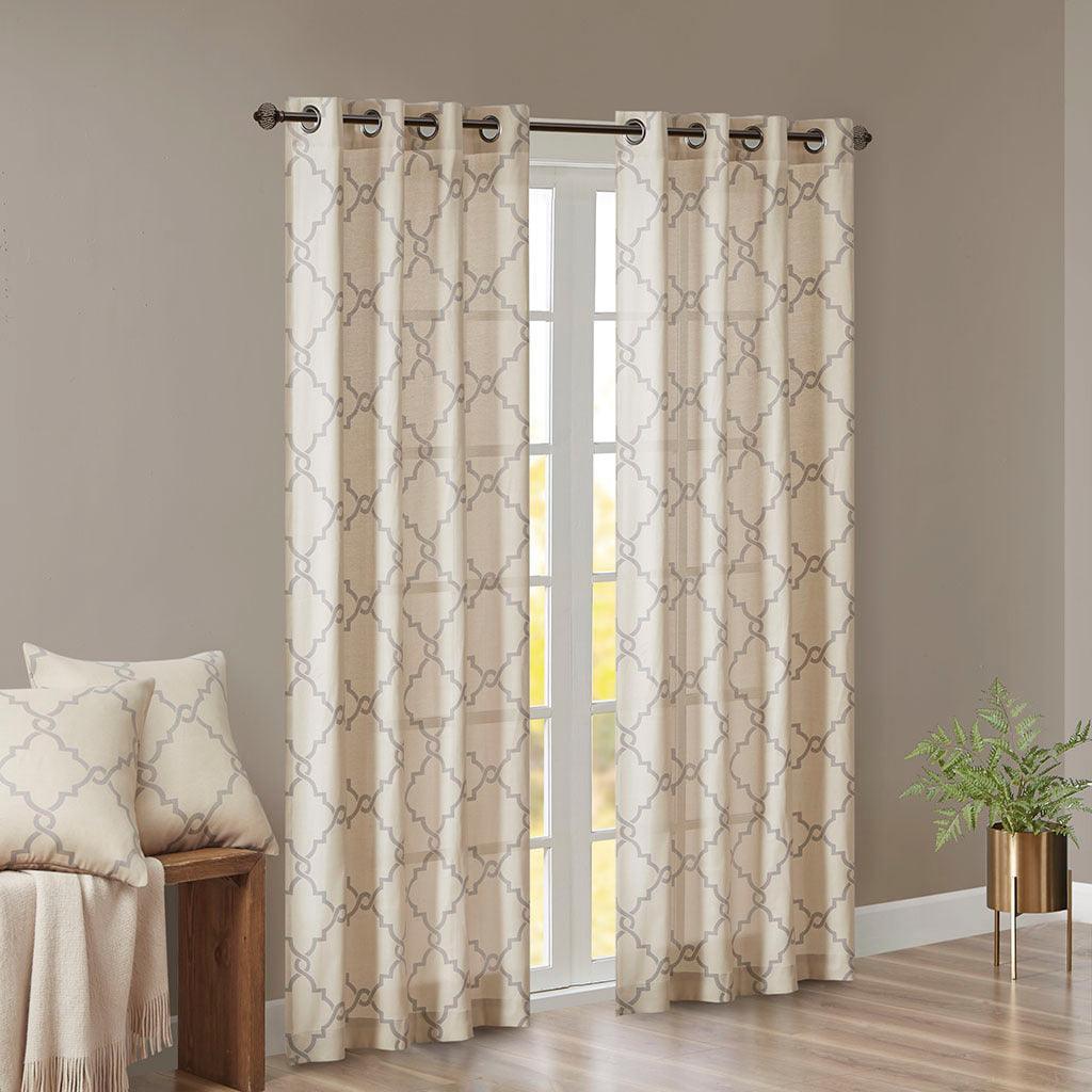 Olliix.com Curtains - Saratoga 63 H Fretwork Print Grommet Top Window Curtain Beige