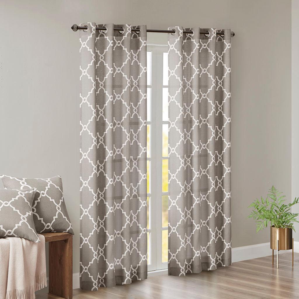 Olliix.com Curtains - Saratoga 63 H Fretwork Print Grommet Top Window Curtain Gray