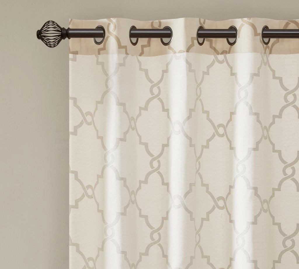 Olliix.com Curtains - Saratoga 84 H Fretwork Print Grommet Top Window Curtain Beige & Gold