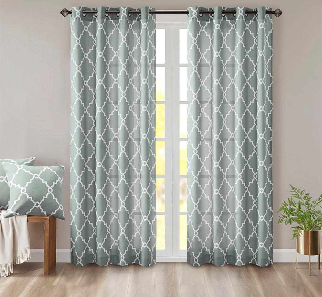 Olliix.com Curtains - Saratoga 84 H Fretwork Print Grommet Top Window Curtain Seafoam