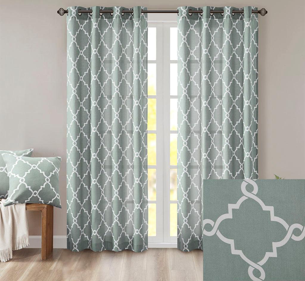 Olliix.com Curtains - Saratoga 84 H Fretwork Print Grommet Top Window Curtain Seafoam