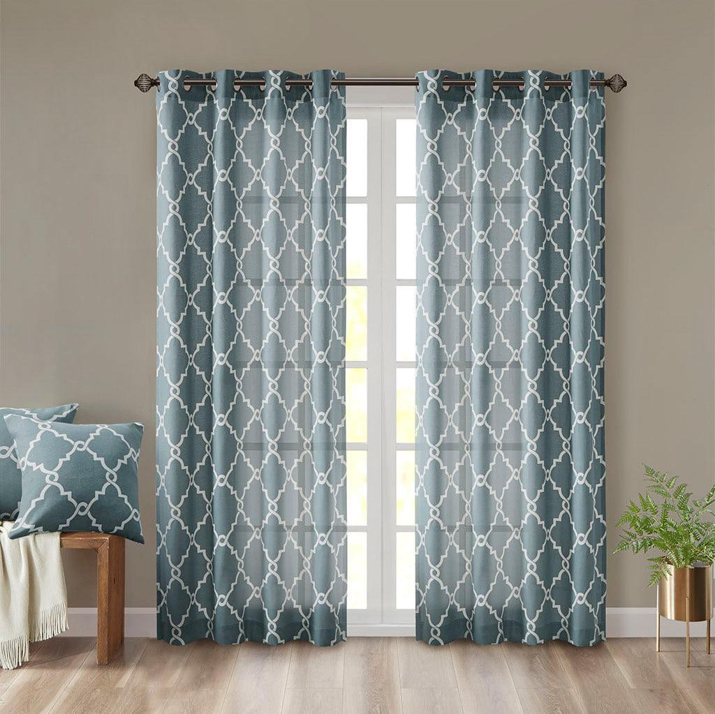 Olliix.com Curtains - Saratoga 95 H Fretwork Print Grommet Top Window Curtain Blue