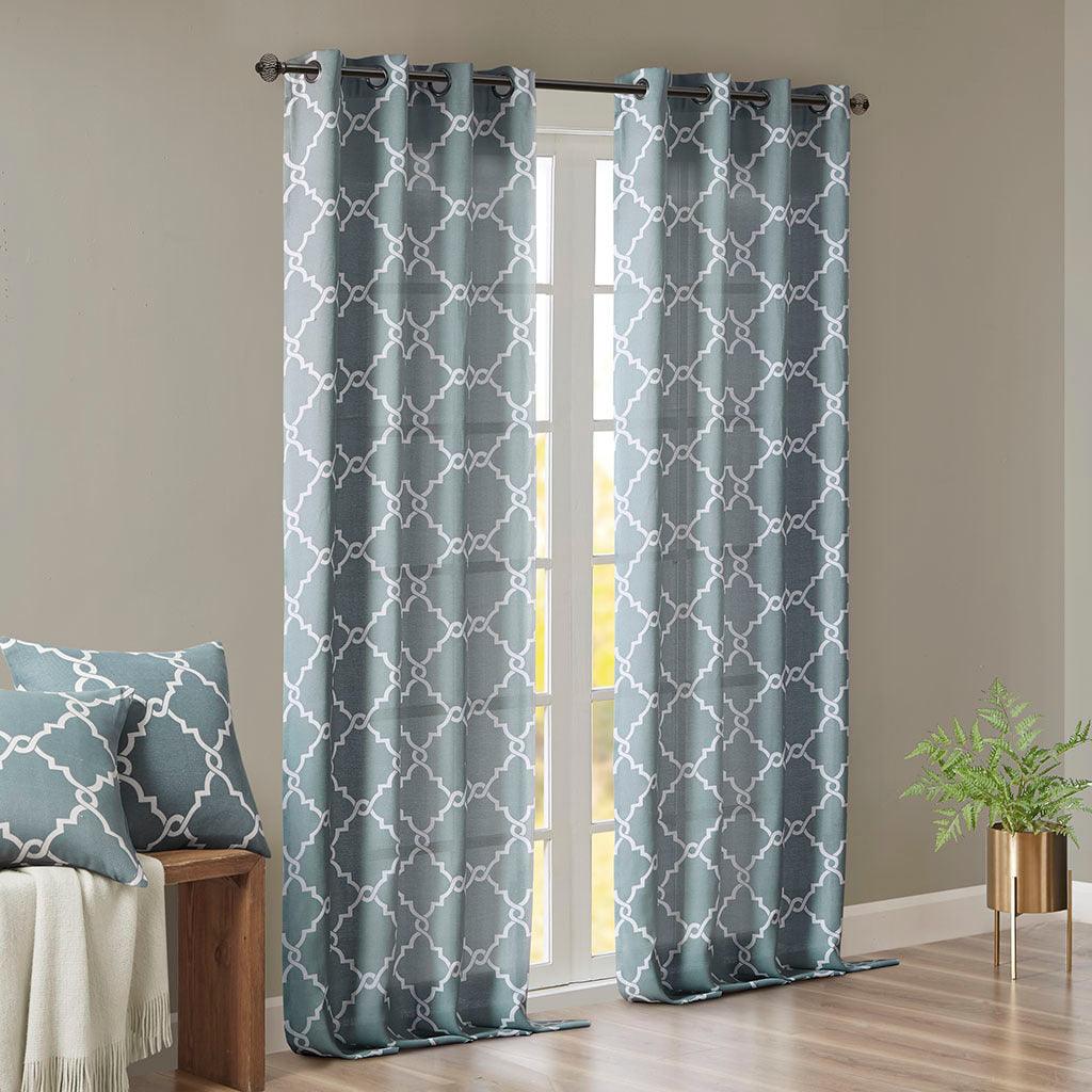 Olliix.com Curtains - Saratoga 95 H Fretwork Print Grommet Top Window Curtain Blue