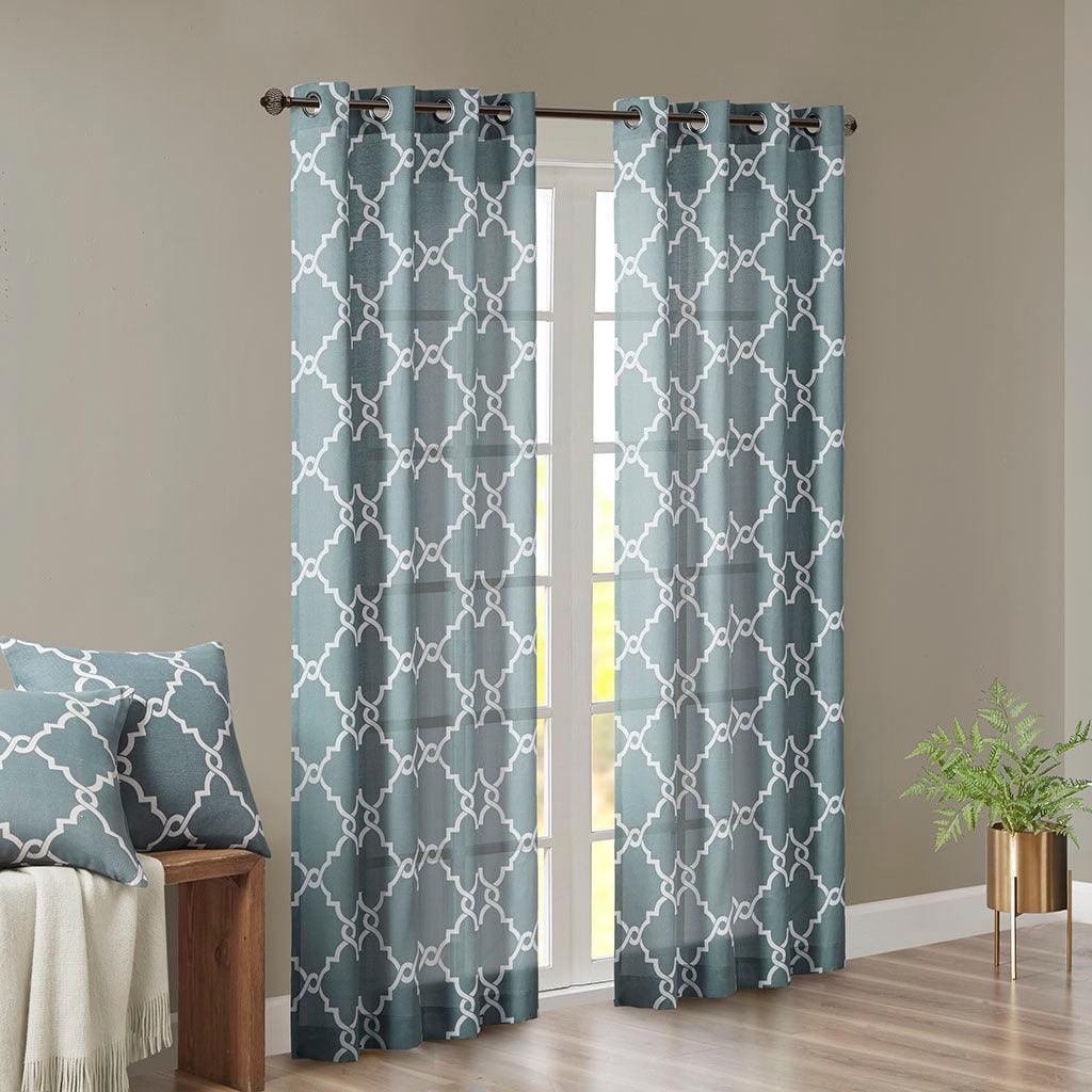 Olliix.com Curtains - Saratoga 95 H Fretwork Print Grommet Top Window Curtain Blue