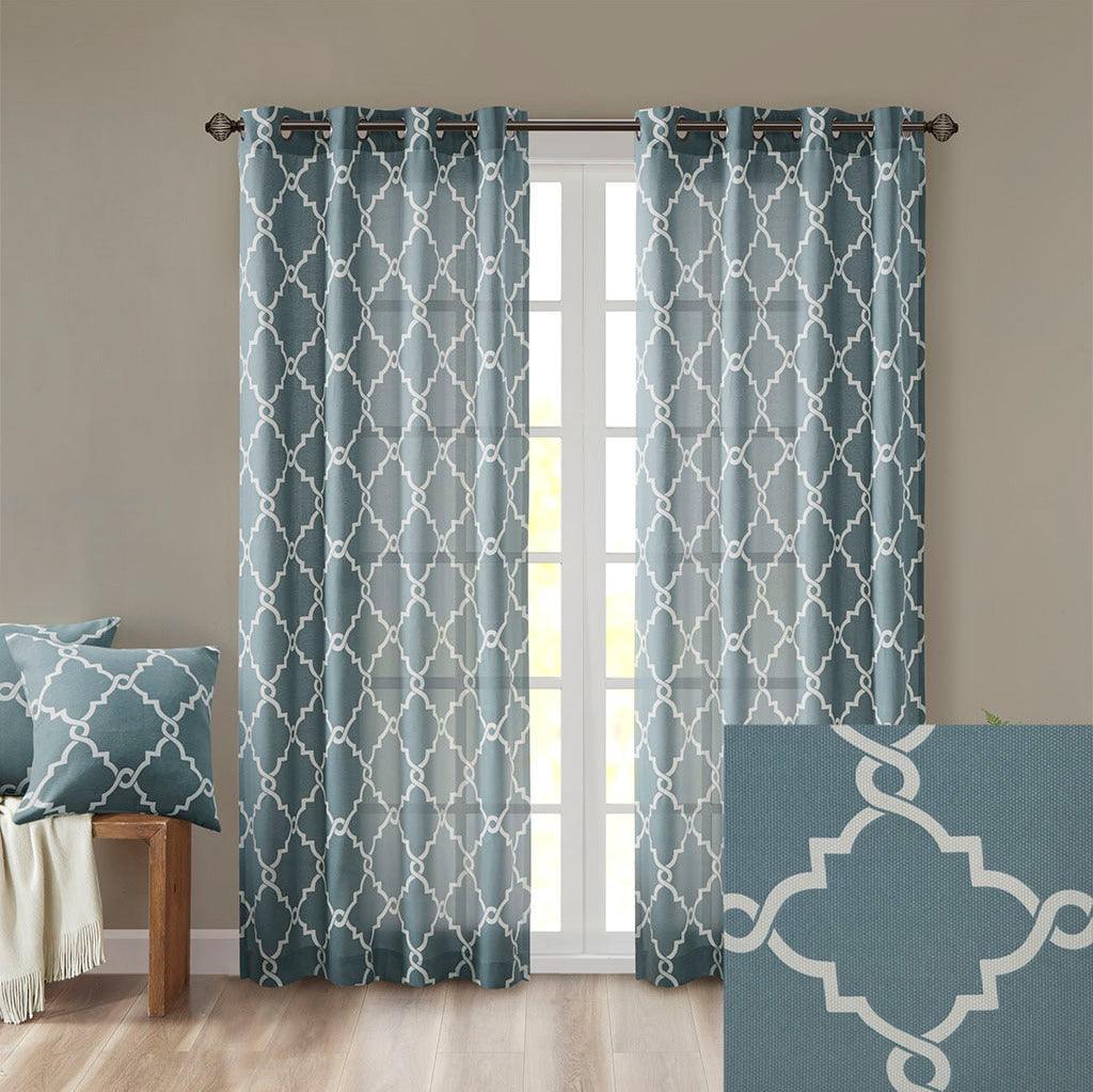 Olliix.com Curtains - Saratoga 95 H Fretwork Print Grommet Top Window Curtain Blue