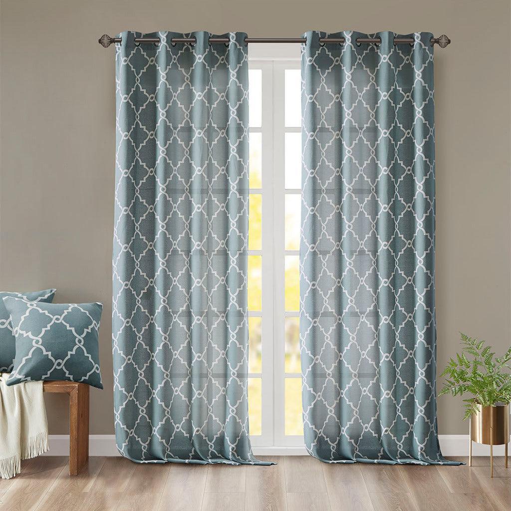 Olliix.com Curtains - Saratoga 95 H Fretwork Print Grommet Top Window Curtain Blue