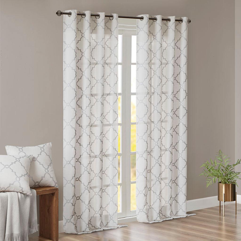 Olliix.com Curtains - Saratoga 95 H Fretwork Print Grommet Top Window Curtain Ivory