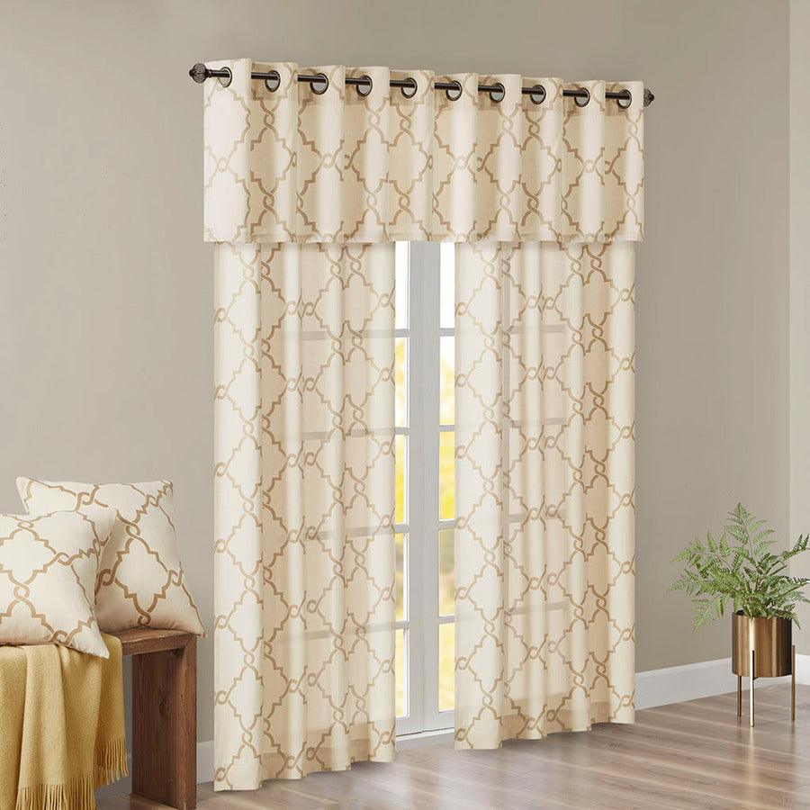 Olliix.com Curtains - Saratoga Fretwork Print Grommet Top Window Valance Beige & Gold