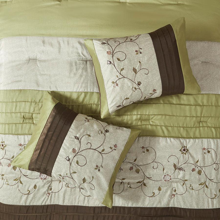 Olliix.com Comforters & Blankets - Serene Embroidered 7 Piece Comforter Set Green King