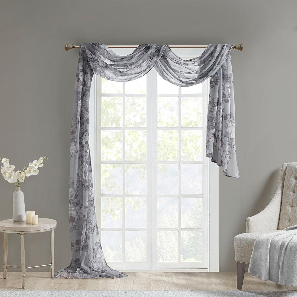 Olliix.com Curtains - Simone 144 H Printed Floral Voile Sheer Scarf Gray