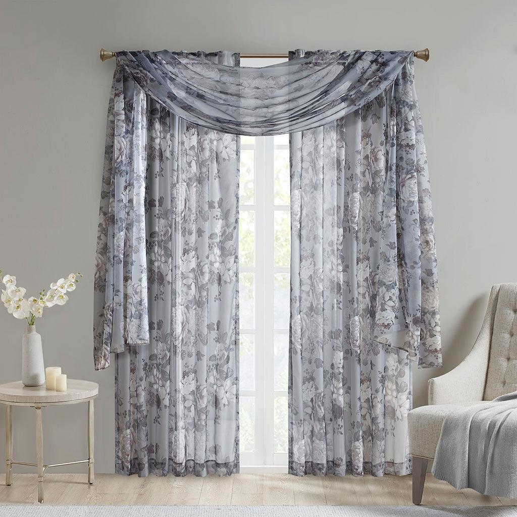 Olliix.com Curtains - Simone 144 H Printed Floral Voile Sheer Scarf Gray