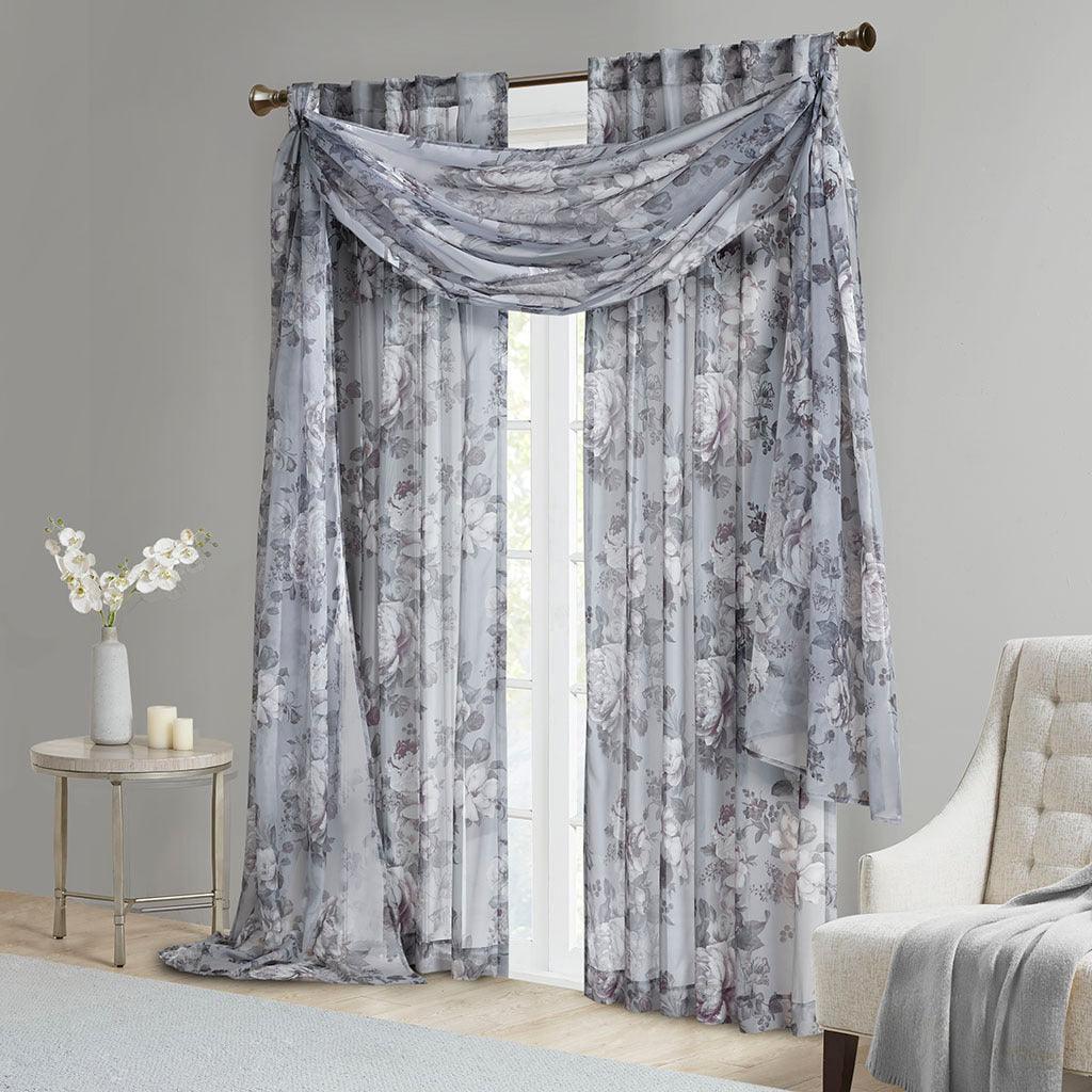 Olliix.com Curtains - Simone 144 H Printed Floral Voile Sheer Scarf Gray