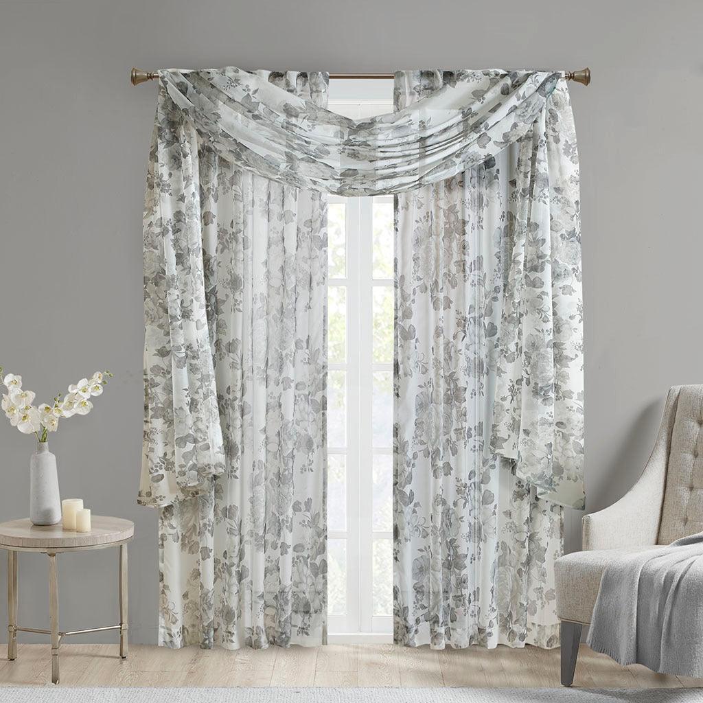 Olliix.com Curtains - Simone 216 H Printed Floral Voile Sheer Scarf White