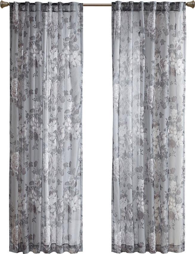 Olliix.com Curtains - Simone 84 H Printed Floral Rod Pocket and Back Tab Voile Sheer Gray