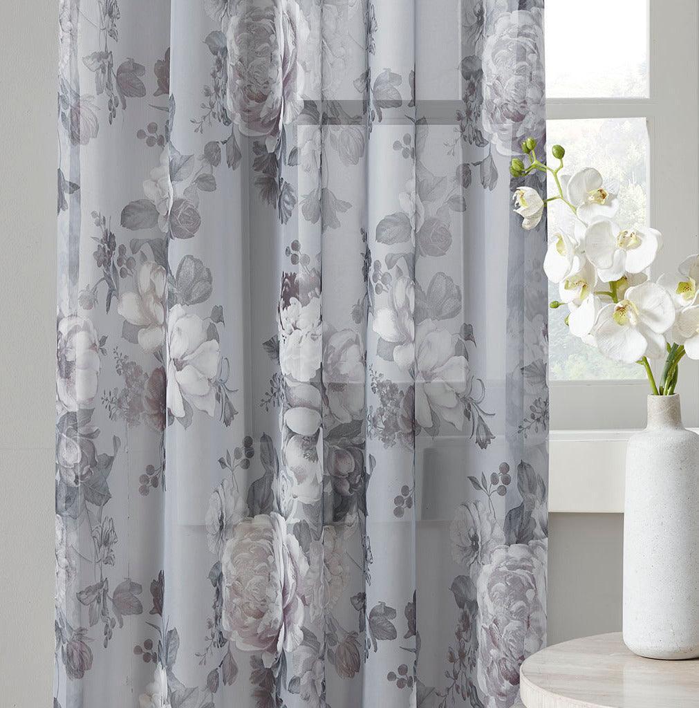 Olliix.com Curtains - Simone 84 H Printed Floral Rod Pocket and Back Tab Voile Sheer Gray