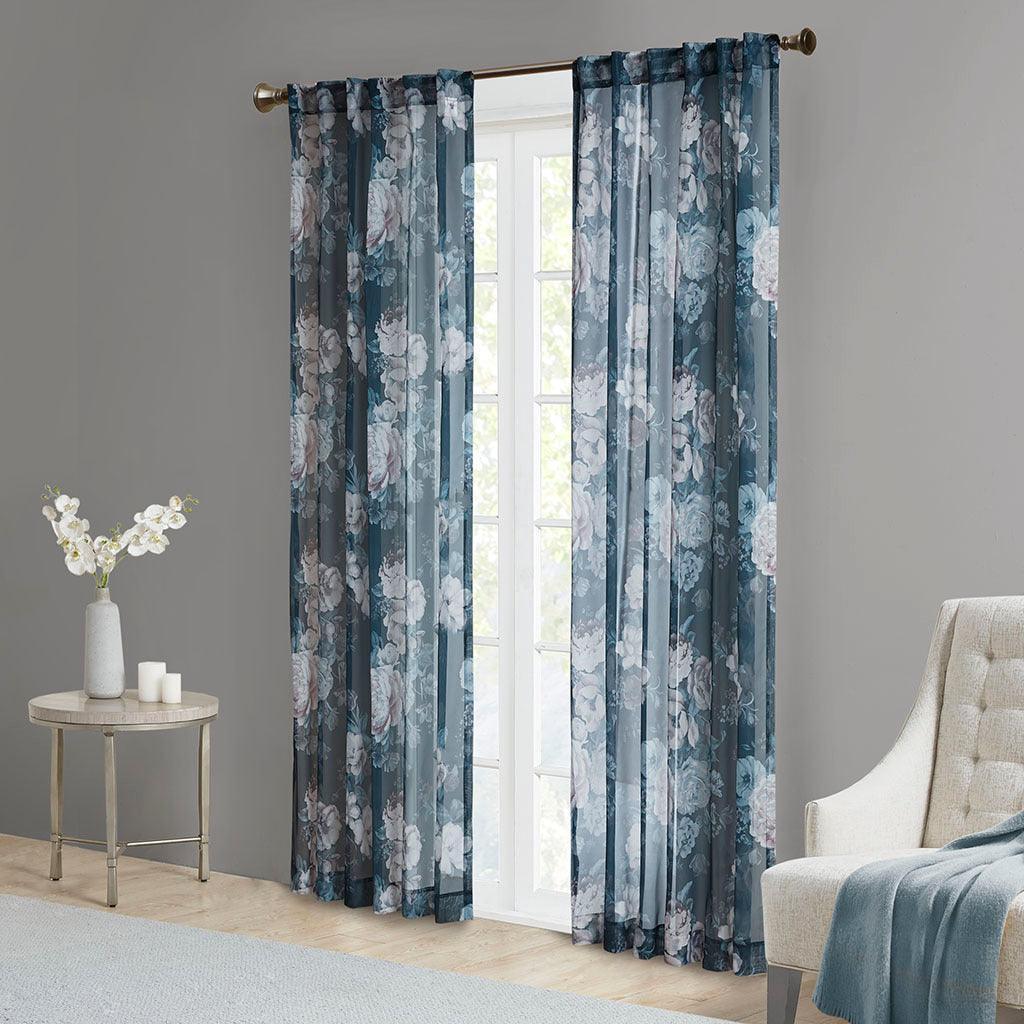 Olliix.com Curtains - Simone 84 H Printed Floral Rod Pocket and Back Tab Voile Sheer Navy