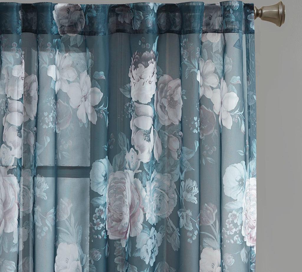 Olliix.com Curtains - Simone 84 H Printed Floral Rod Pocket and Back Tab Voile Sheer Navy