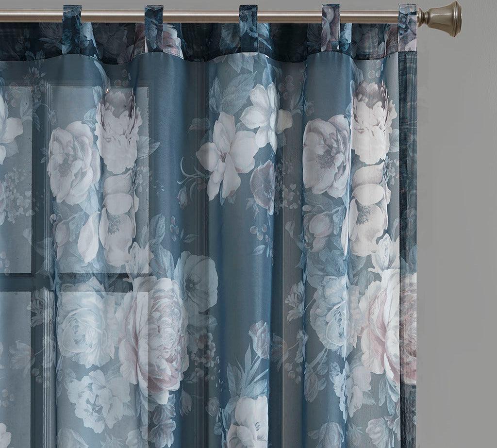 Olliix.com Curtains - Simone 84 H Printed Floral Rod Pocket and Back Tab Voile Sheer Navy