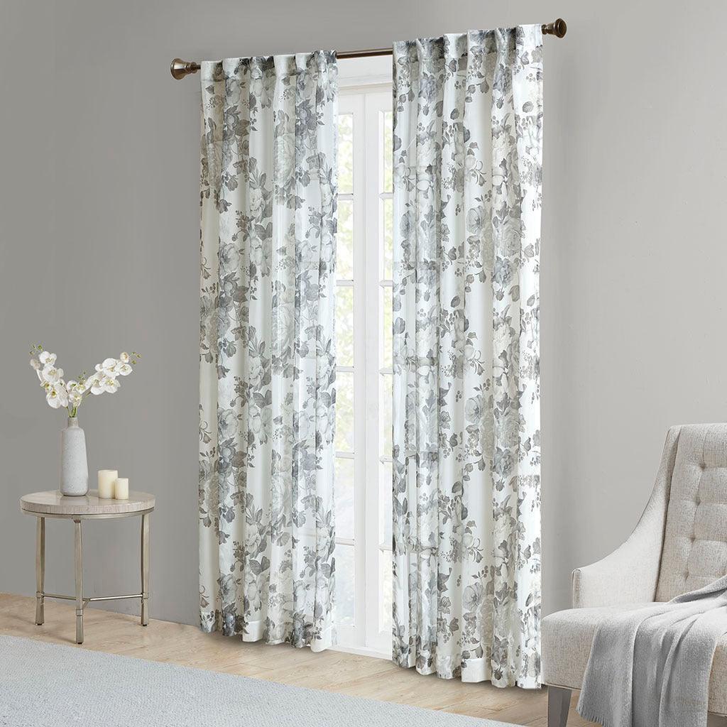 Olliix.com Curtains - Simone 84 H Printed Floral Rod Pocket and Back Tab Voile Sheer White