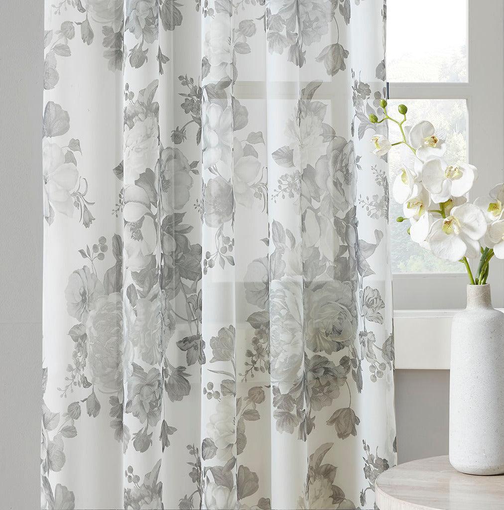 Olliix.com Curtains - Simone 84 H Printed Floral Rod Pocket and Back Tab Voile Sheer White