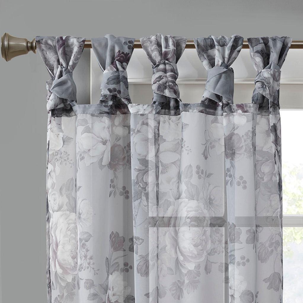 Olliix.com Curtains - Simone 84 H Printed Floral Twist Tab Top Voile Sheer Gray