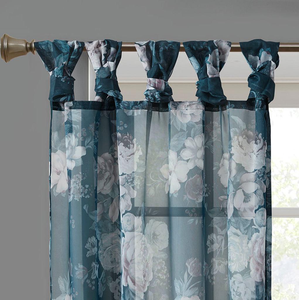 Olliix.com Curtains - Simone 84 H Printed Floral Twist Tab Top Voile Sheer Navy