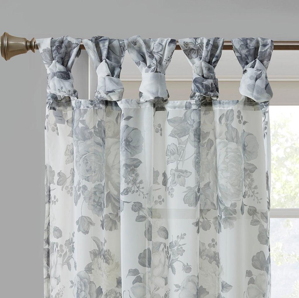 Olliix.com Curtains - Simone 84 H Printed Floral Twist Tab Top Voile Sheer White