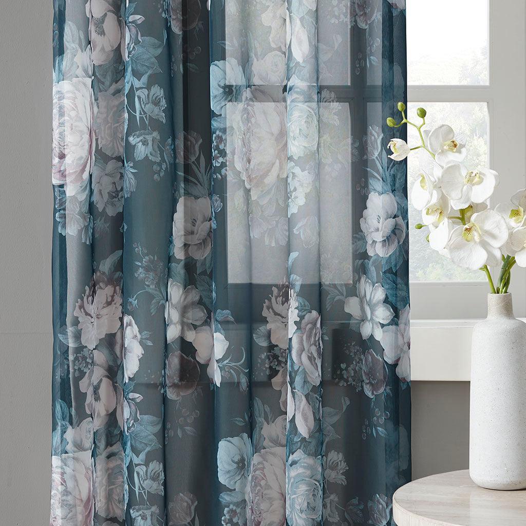 Olliix.com Curtains - Simone 95 H Printed Floral Rod Pocket and Back Tab Voile Sheer Navy