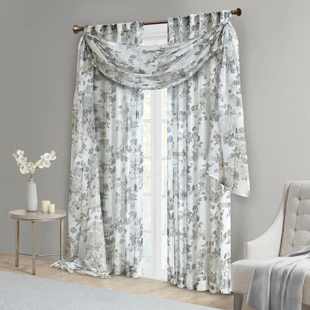 Olliix.com Curtains - Simone 95 H Printed Floral Rod Pocket and Back Tab Voile Sheer White