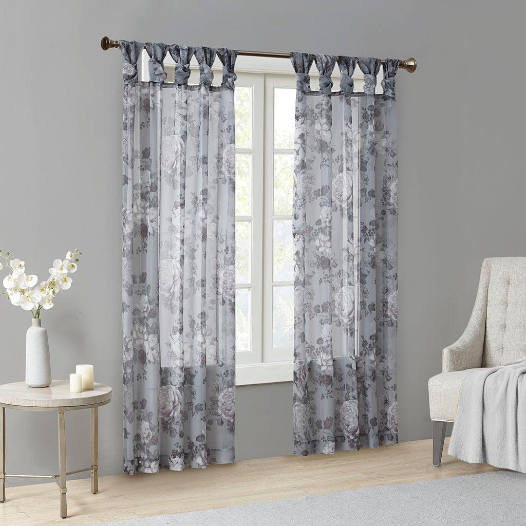 Olliix.com Curtains - Simone 95 H Printed Floral Twist Tab Top Voile Sheer Gray