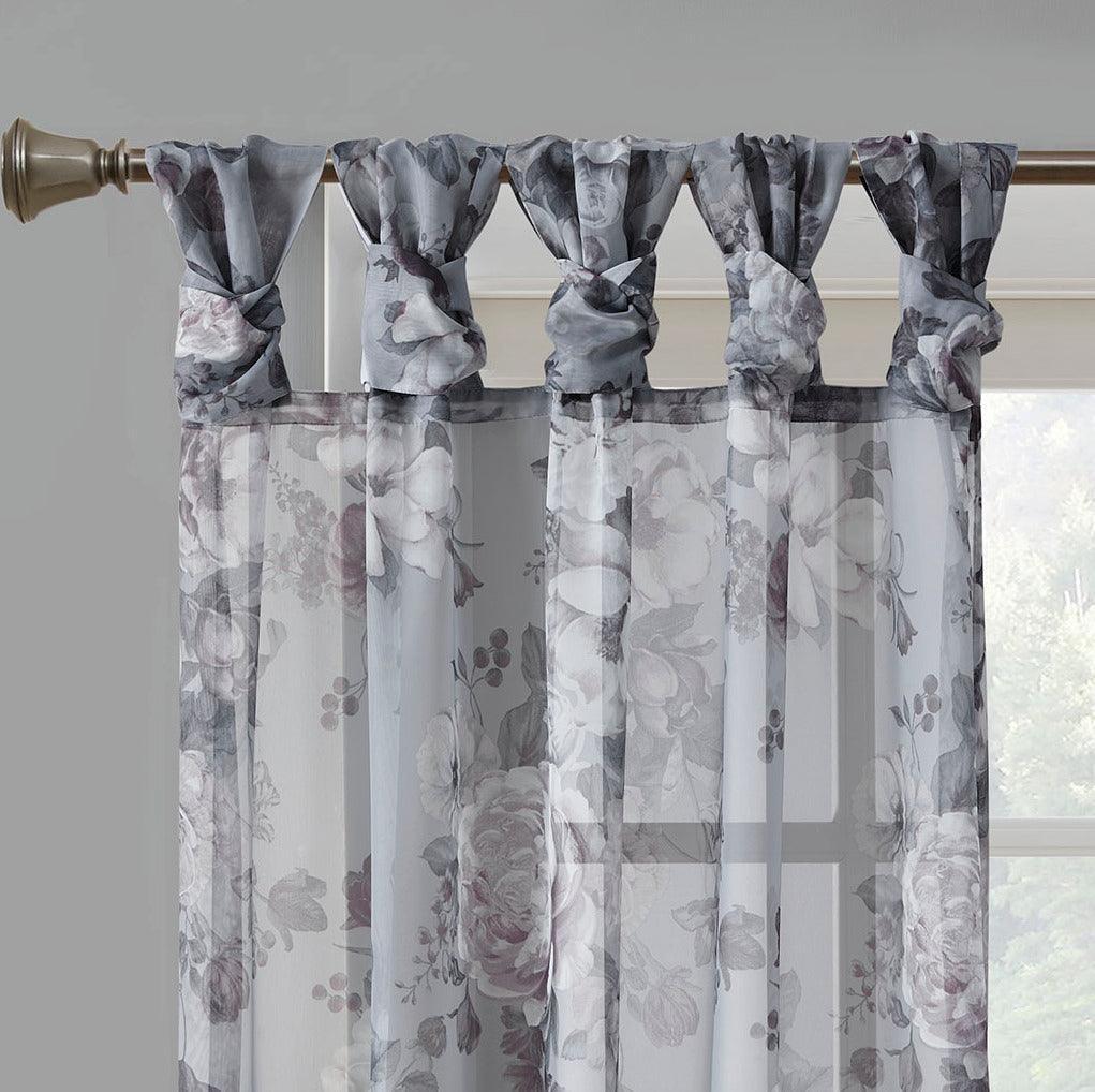 Olliix.com Curtains - Simone 95 H Printed Floral Twist Tab Top Voile Sheer Gray