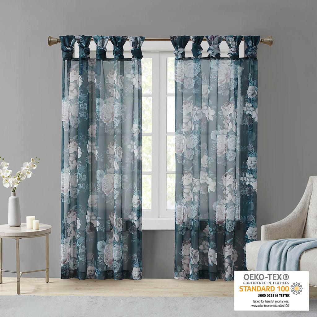 Olliix.com Curtains - Simone 95 H Printed Floral Twist Tab Top Voile Sheer Navy