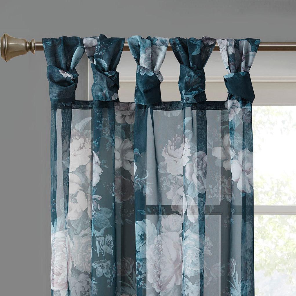 Olliix.com Curtains - Simone 95 H Printed Floral Twist Tab Top Voile Sheer Navy