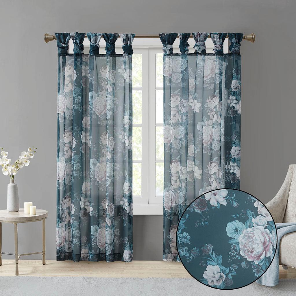 Olliix.com Curtains - Simone 95 H Printed Floral Twist Tab Top Voile Sheer Navy