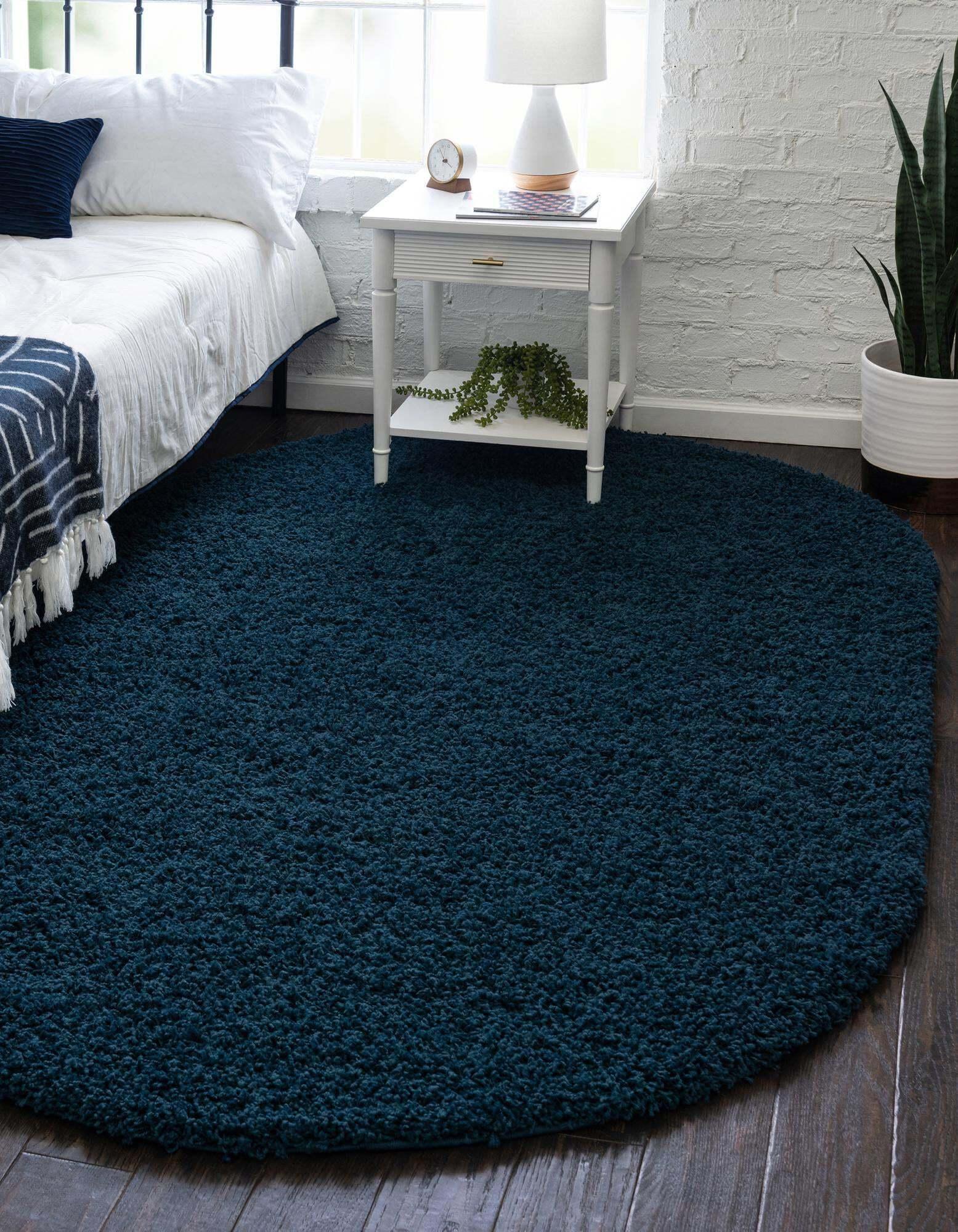 Unique Loom Indoor Rugs - Solid Shag Solid Oval 8x10 Oval Rug Navy Blue