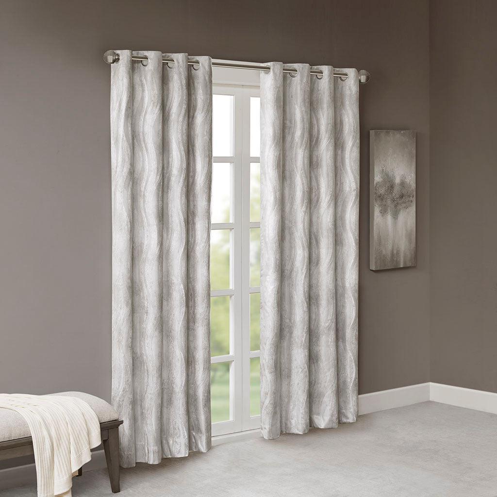 Olliix.com Curtains - Victorio 108 H Printed Jacquard Grommet Top Total Blackout Curtain Gray