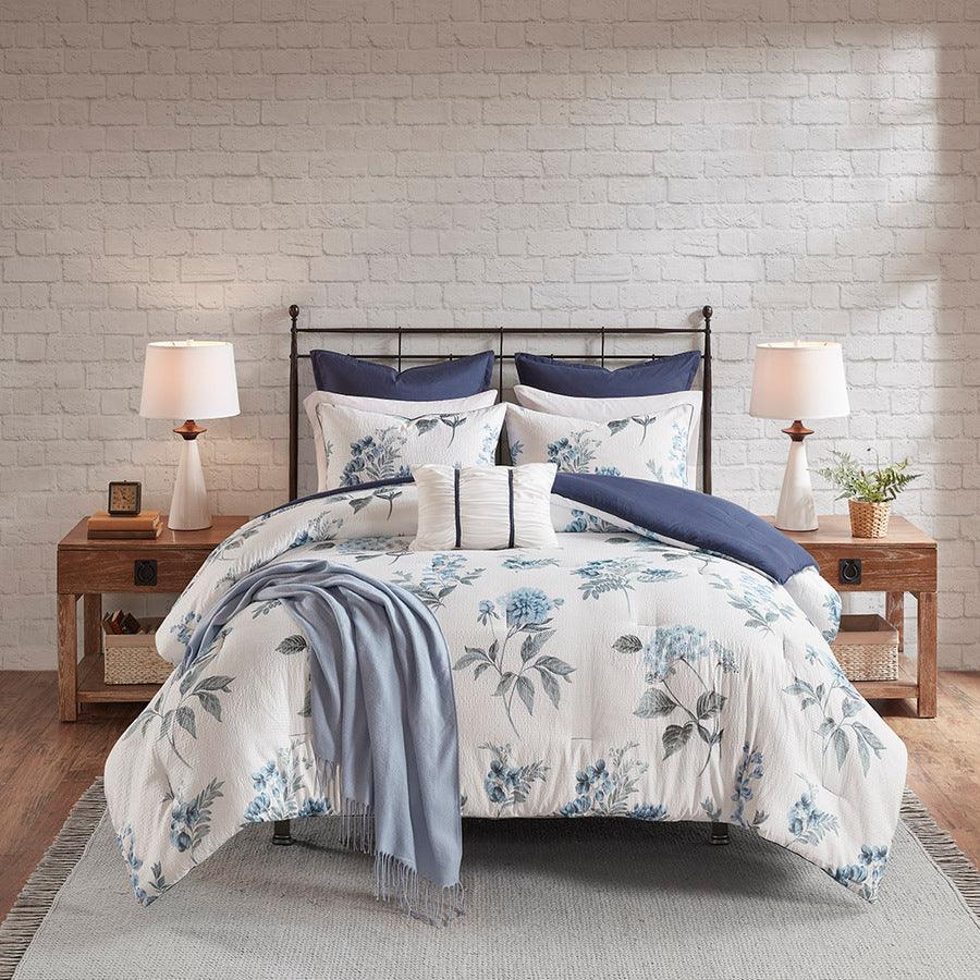 Shop Zennia Full/Queen 7 PC Printed Seersucker Comforter Set with Throw  Blanket Blue, Comforters & Blankets