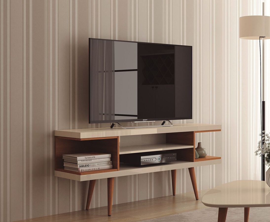 Manhattan Comfort TV & Media Units - Utopia 53.14" TV Stand with Splayed Wooden Legs & 4 Shelves in Off White & Maple Cream