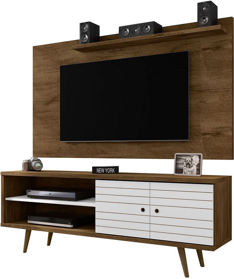 Manhattan Comfort TV & Media Units - Liberty 62.99 Mid-Century Modern TV Stand & Panel with Solid Wood Legs in Rustic Brown & White