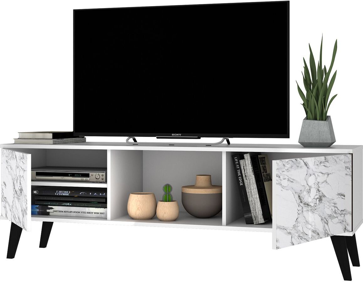 Manhattan Comfort TV & Media Units - Doyers 53.15 Mid-Century Modern TV Stand in White and Marble Stamp