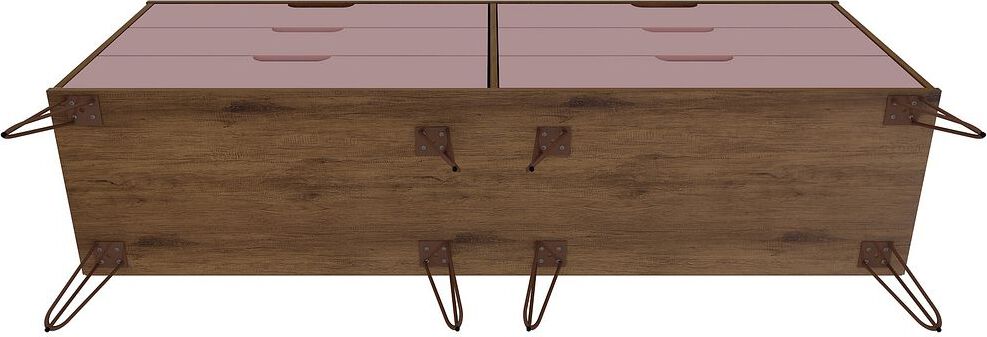 Manhattan Comfort Dressers - Rockefeller 6-Drawer Double Low Dresser with Metal Legs in Native & Rose Pink