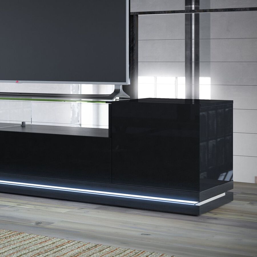 Manhattan Comfort TV & Media Units - Vanderbilt TV Stand and Cabrini 2.2 Floating Wall TV Panel in Black Gloss and Black Matte