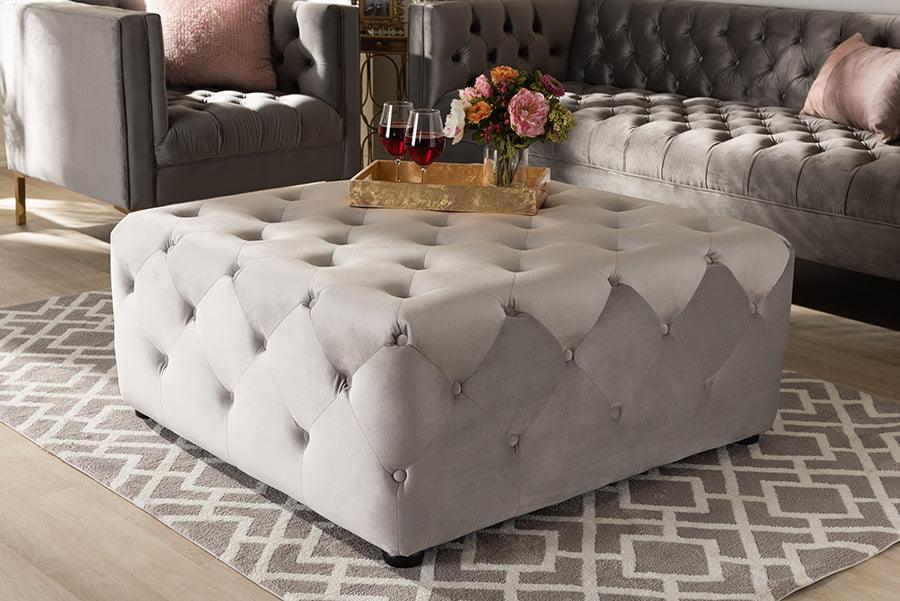 Wholesale Interiors Ottomans & Stools - Calvetti Slate Gray Velvet Fabric Upholstered Button-Tufted Cocktail Ottoman