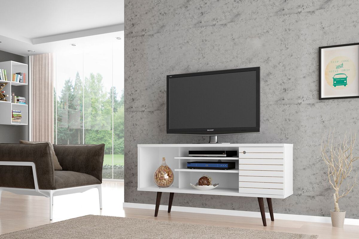 Manhattan Comfort TV & Media Units - Liberty 53.14" Mid-Century - Modern TV Stand with 5 Shelves & 1 Door in White with Solid Wood Legs