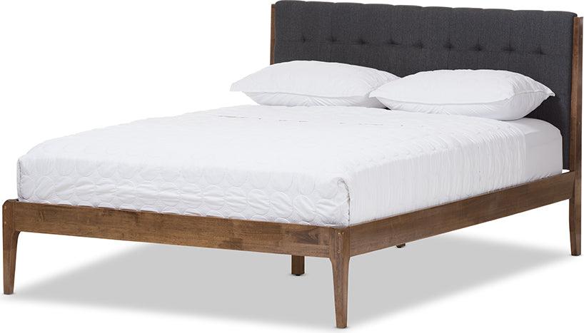 Clifford Mid Century Dark Grey Fabric and Medium Brown Finish Wood King Size Platform Bed