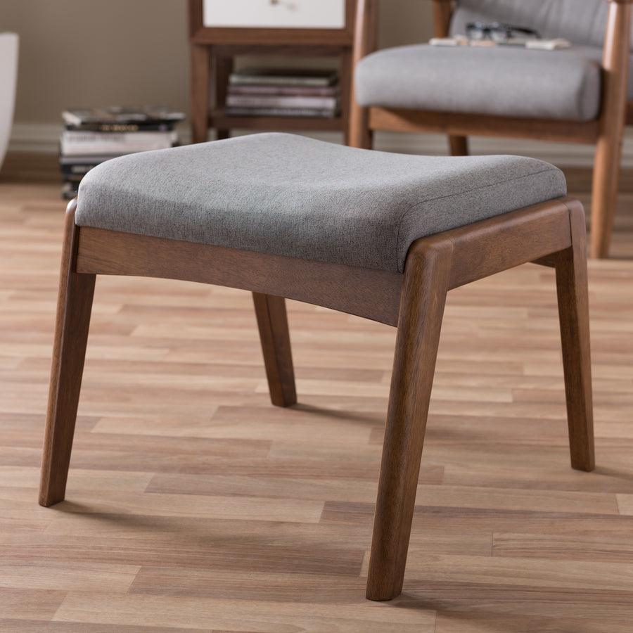 Wholesale Interiors Ottomans & Stools - Roxy Mid-Century Modern Walnut Wood Finishing and Gray Fabric Upholstered Ottoman